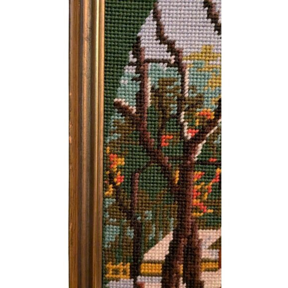 Vintage Framed Needlepoint Cross Stitch Winter Scene With Horse & Cottage - Picture 5 of 14